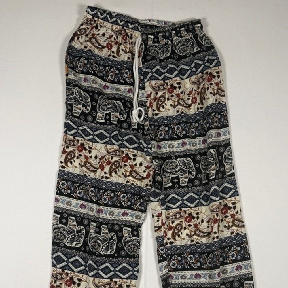 Boho Elephant Paisley Print Harem Pants Black Cream Elastic Waist Joggers Womens - Picture 2 of 8